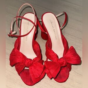 LOEFFLER RANDALL Camellia Knotted Sandals heels bow red ankle wrap strap